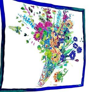 Huge 44” square hand painted silk scarf watercolor bouquet colorful vintage new